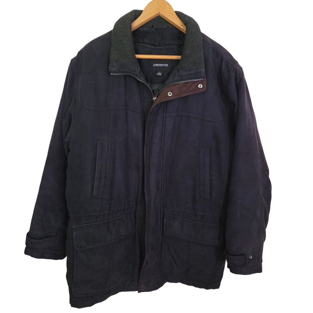 London Fog Mens Large Black Faux Suede Field Jacket Workwear Utility Coat